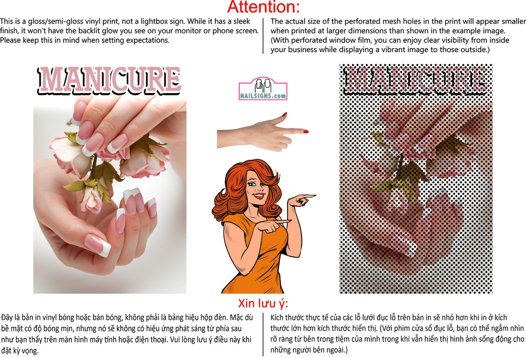 Manicure 09 Perforated Mesh One Way Vision See-Through Window Vinyl Nail Salon Sign Vertical