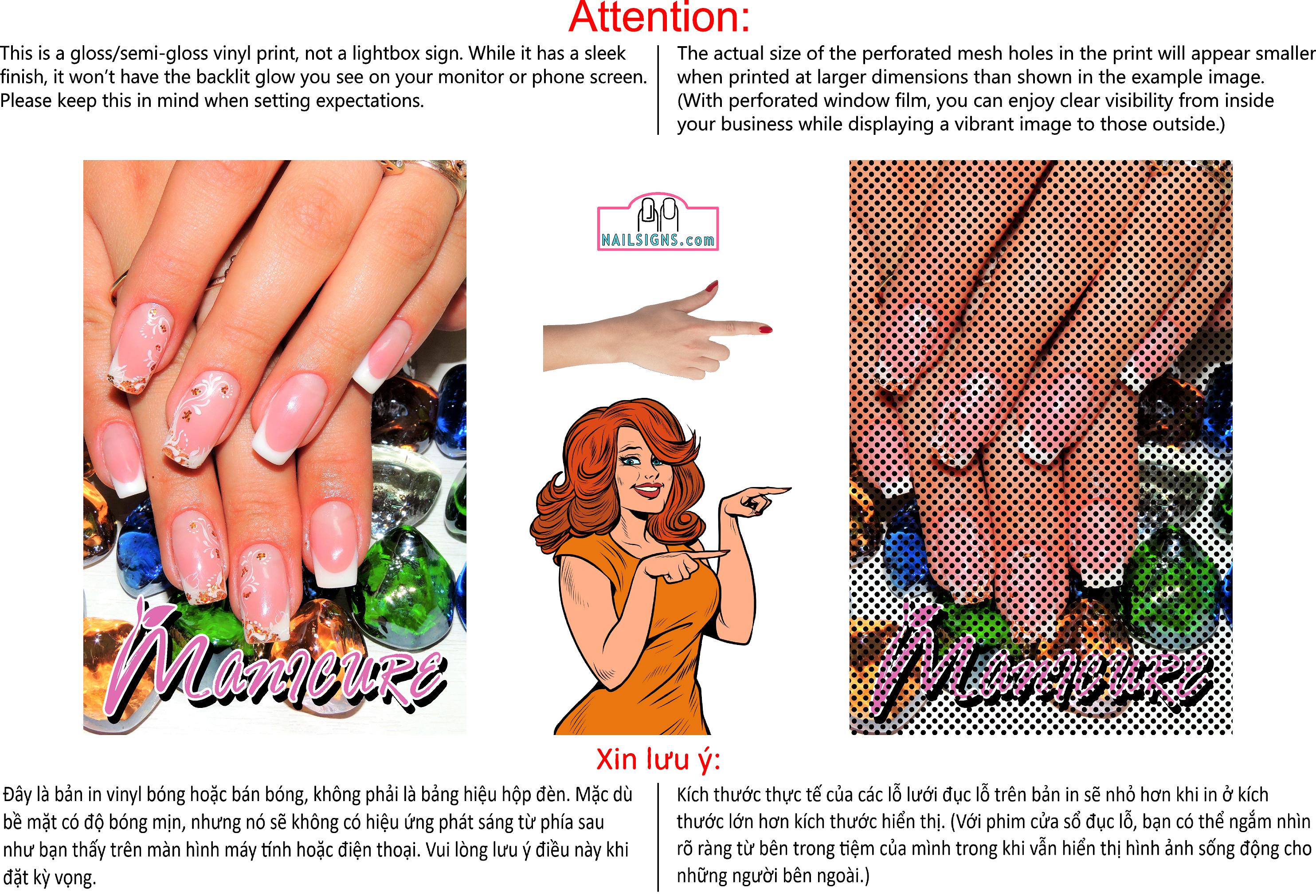 Manicure 01 Perforated Mesh One Way Vision See-Through Window Vinyl Salon Sign Vertical