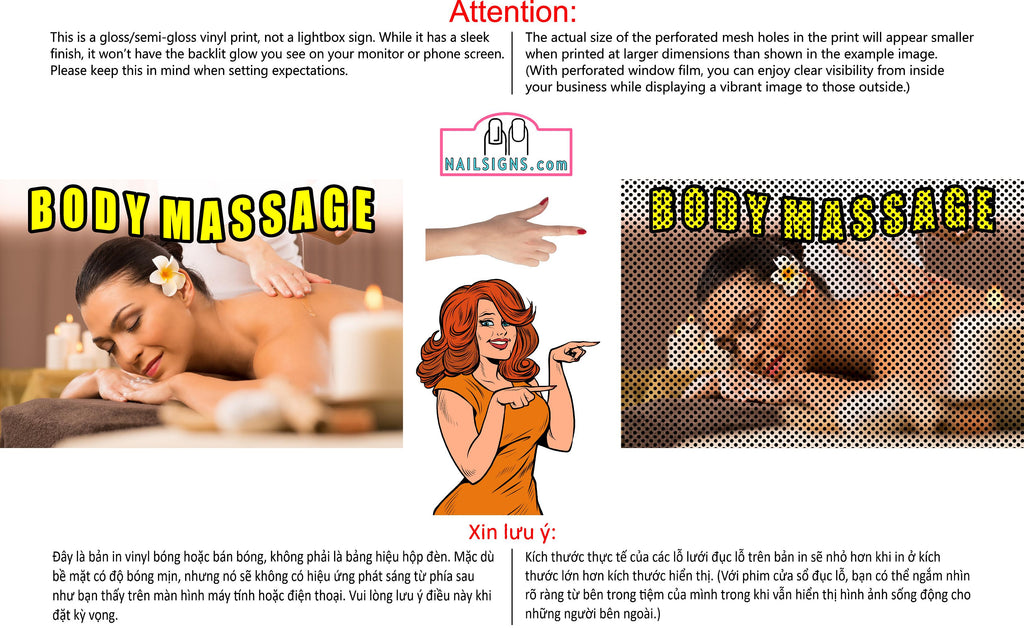 Massage 10 Perforated Mesh One Way Vision See-Through Window Vinyl Salon Sign Therapy Back Facial Foot Body Horizontal
