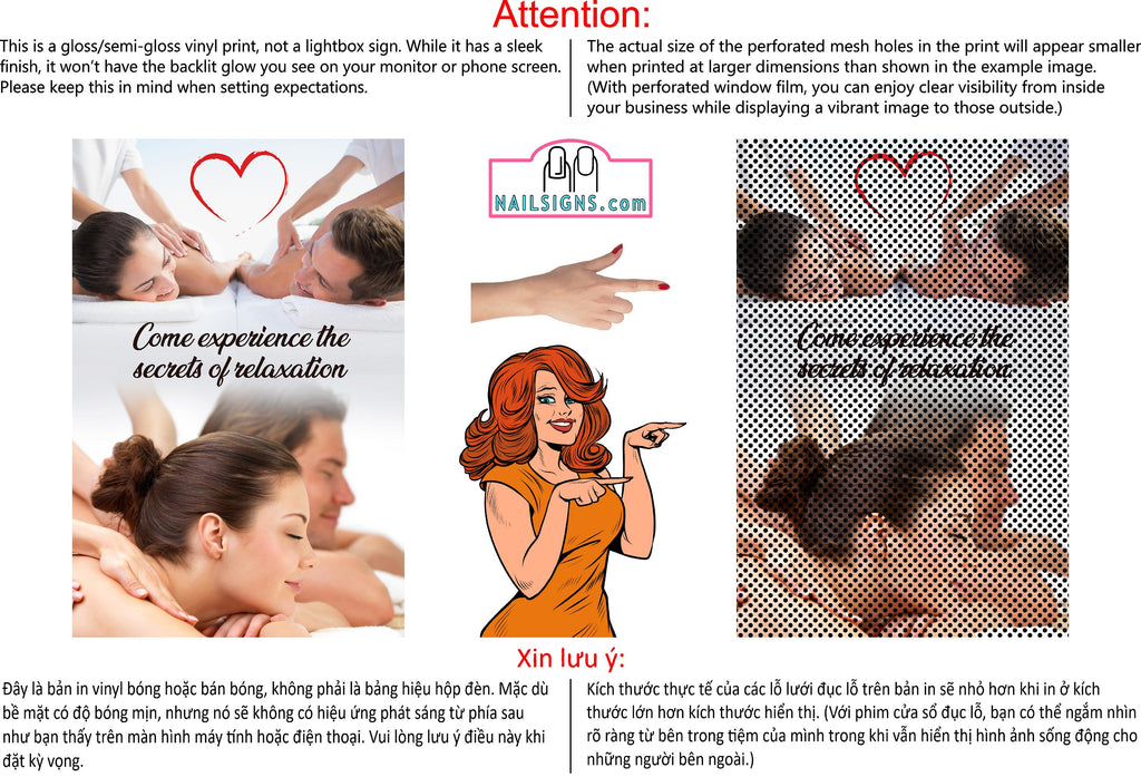 Massage 11 Perforated Mesh One Way Vision See-Through Window Vinyl Salon Sign Therapy Back Facial Foot Body Vertical