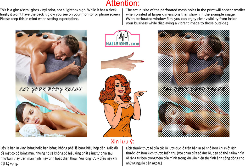 Massage 12 Perforated Mesh One Way Vision See-Through Window Vinyl Salon Sign Therapy Back Facial Foot Body Vertical