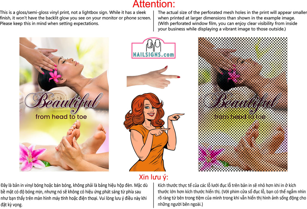 Massage 14 Perforated Mesh One Way Vision See-Through Window Vinyl Salon Sign Therapy Back Facial Foot Body Vertical