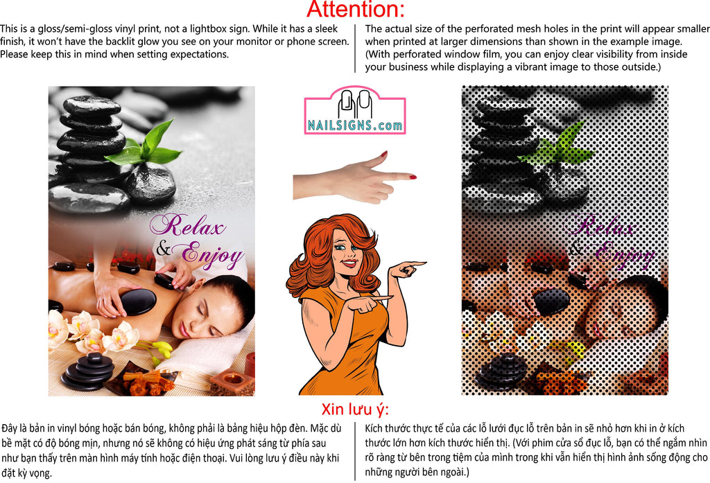 Massage 15 Perforated Mesh One Way Vision See-Through Window Vinyl Salon Sign Therapy Back Facial Foot Body Vertical