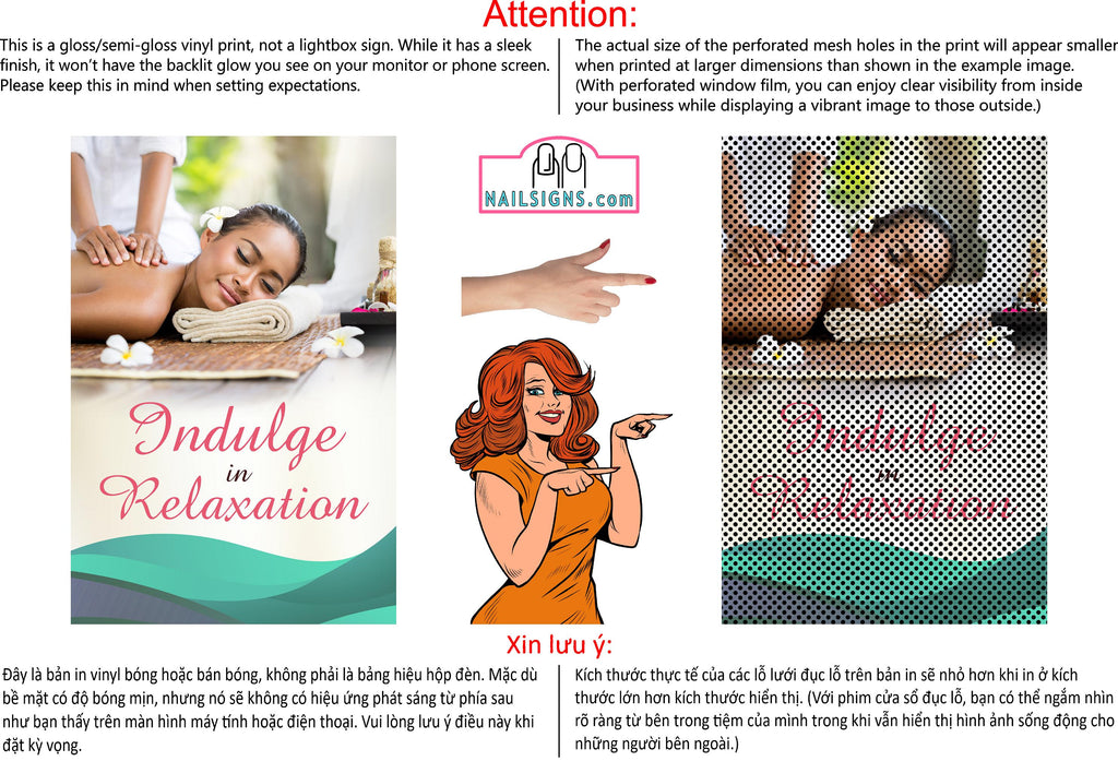 Massage 16 Perforated Mesh One Way Vision See-Through Window Vinyl Salon Sign Therapy Back Facial Foot Body Vertical