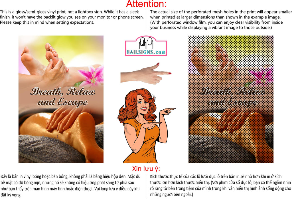 Massage 18 Perforated Mesh One Way Vision See-Through Window Vinyl Salon Sign Therapy Back Facial Foot Body Vertical