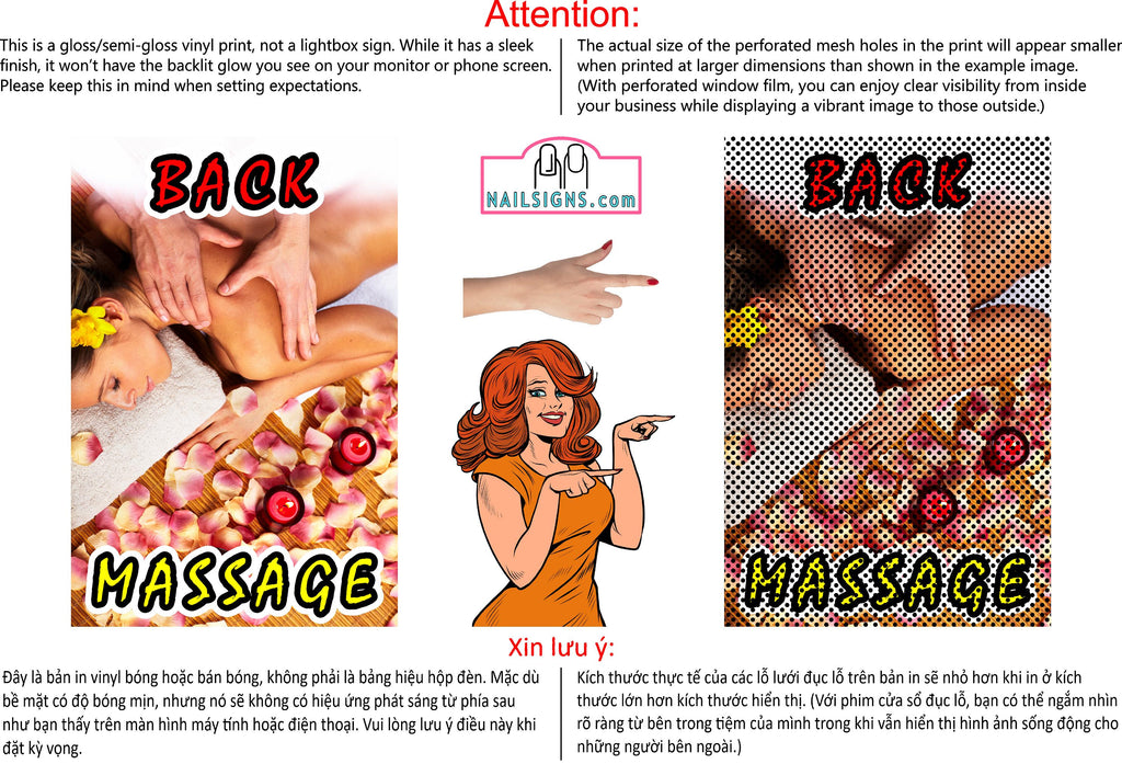 Massage 03 Perforated Mesh One Way Vision See-Through Window Vinyl Salon Sign Foot Vertical