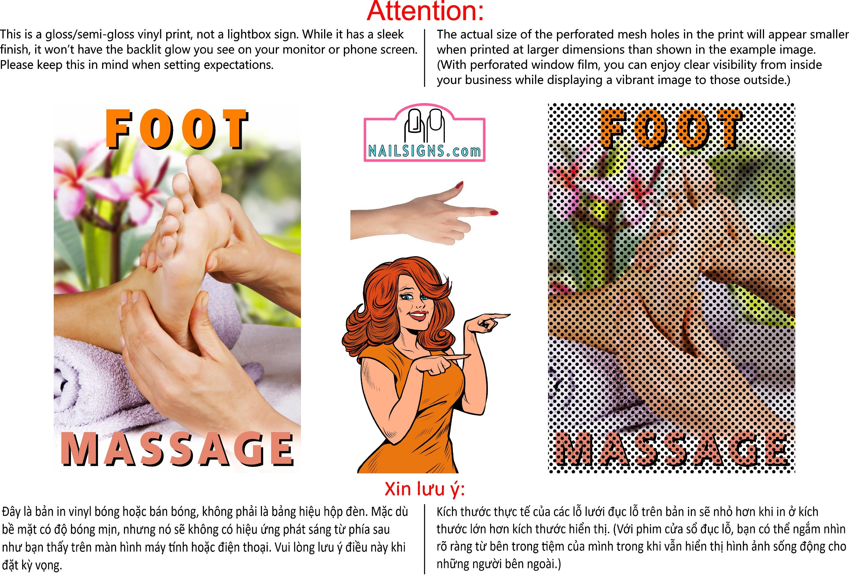 Massage 05 Perforated Mesh One Way Vision See-Through Window Vinyl Salon Sign Foot Vertical