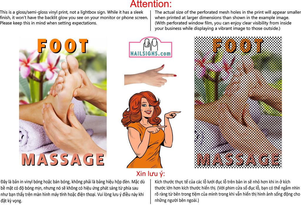 Massage 05 Perforated Mesh One Way Vision See-Through Window Vinyl Salon Sign Foot Vertical
