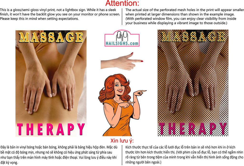 Massage 07 Perforated Mesh One Way Vision See-Through Window Vinyl Salon Sign Therapy Back Facial Foot Body Vertical