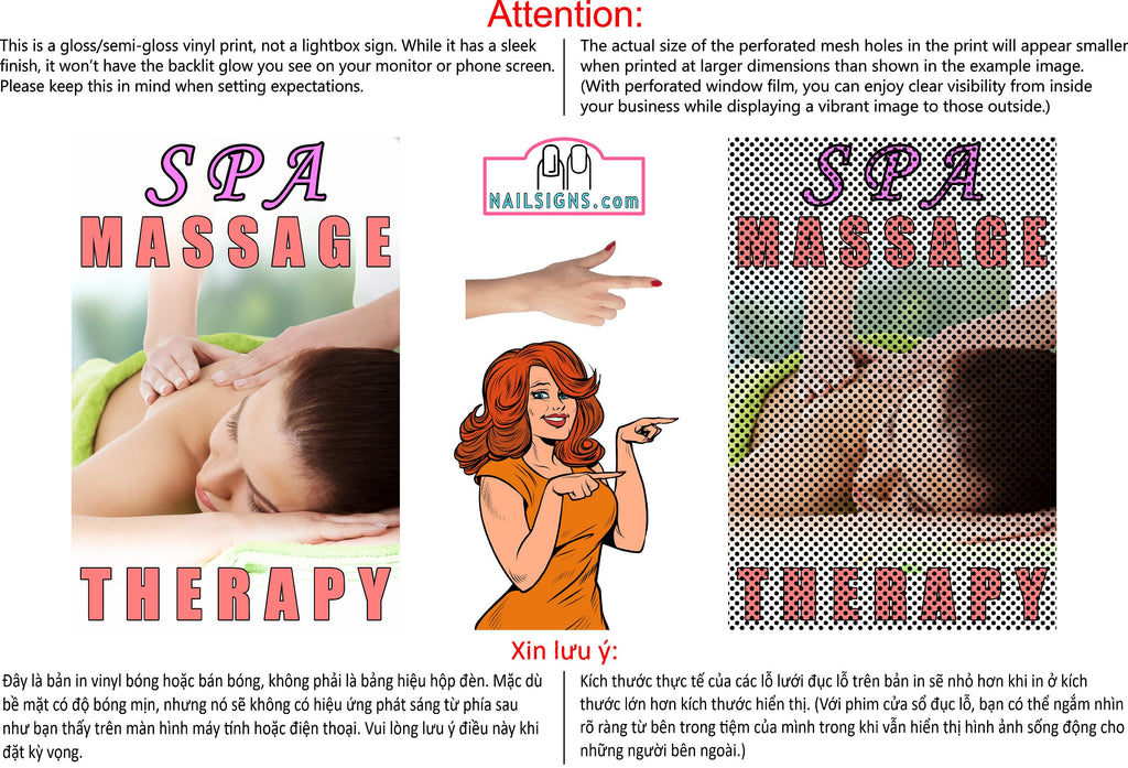 Massage 08 Perforated Mesh One Way Vision See-Through Window Vinyl Salon Sign Therapy Back Facial Foot Body Vertical