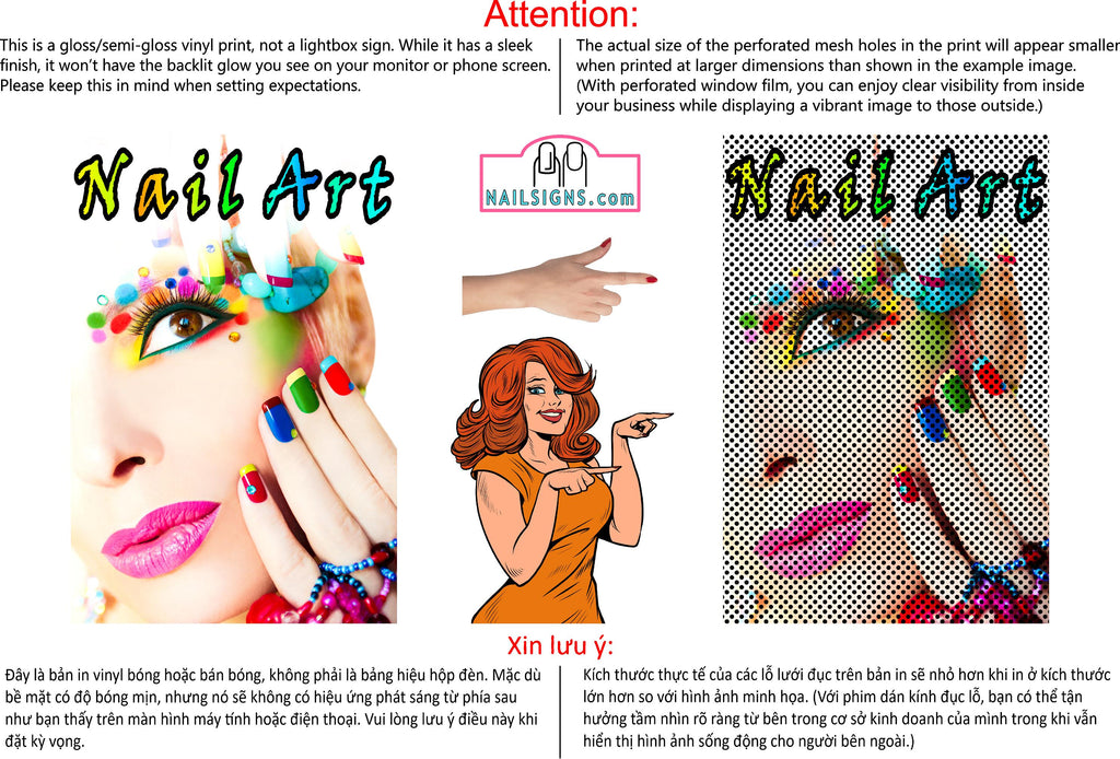 Nail Art 03 Perforated Mesh One Way Vision See-Through Window Vinyl Salon Sign Vertical