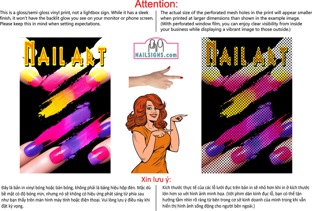 Nail Art 01 Perforated Mesh One Way Vision Vinyl Salon Sign See-Through Window Vertical