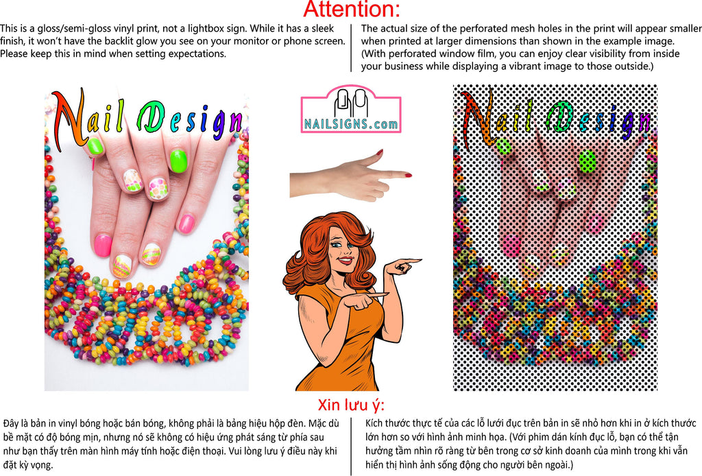 Nail Designs 02 Perforated Mesh One Way Vision See-Through Window Vinyl Salon Sign Vertical