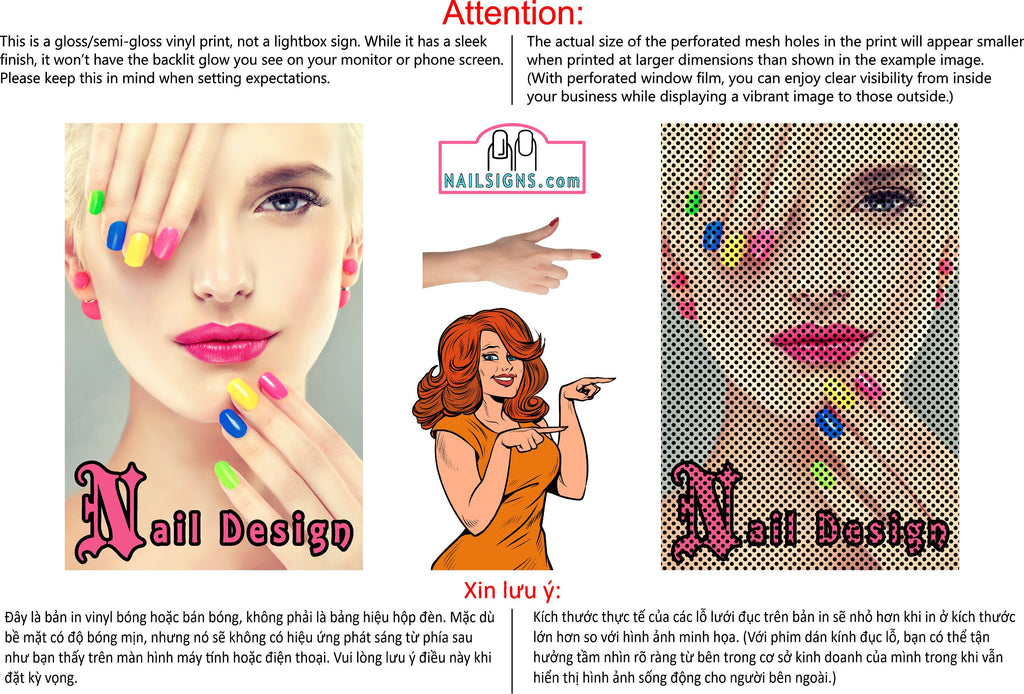Nail Designs 03 Perforated Mesh One Way Vision See-Through Window Vinyl Salon Sign Vertical
