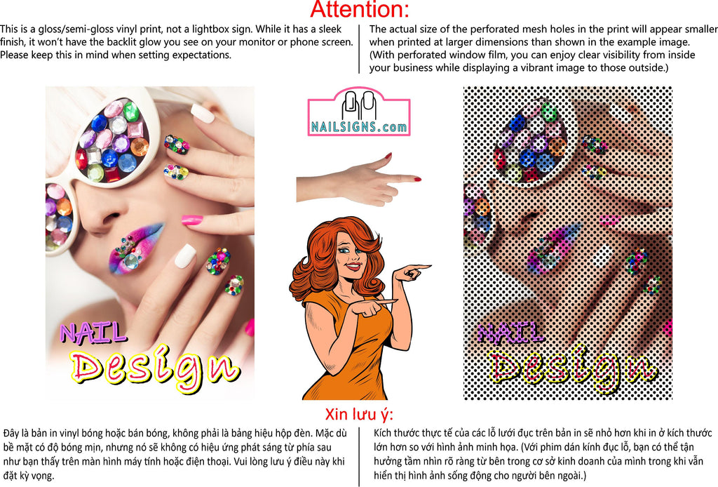 Nail Designs 04 Perforated Mesh One Way Vision See-Through Window Vinyl Salon Sign Vertical