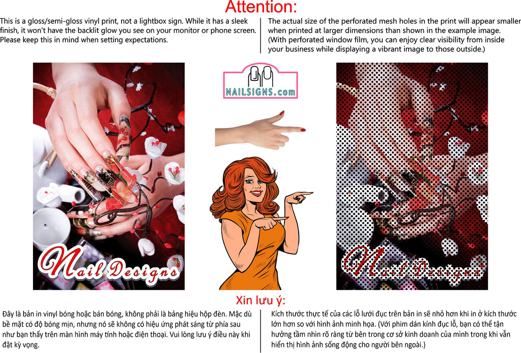Nail Designs 05 Perforated Mesh One Way Vision See-Through Window Vinyl Salon Sign Vertical