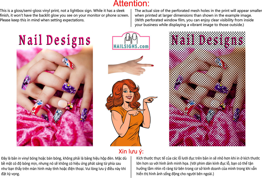 Nail Designs 07 Perforated Mesh One Way Vision See-Through Window Vinyl Salon Sign Vertical