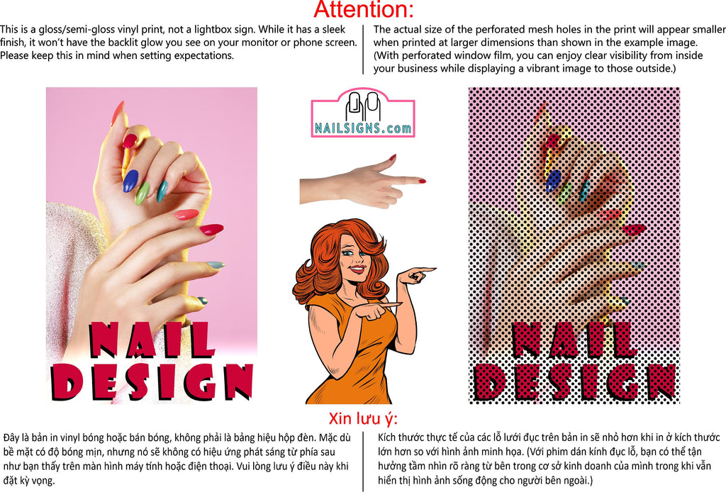 Nail Designs 08 Perforated Mesh One Way Vision See-Through Window Vinyl Salon Sign Vertical