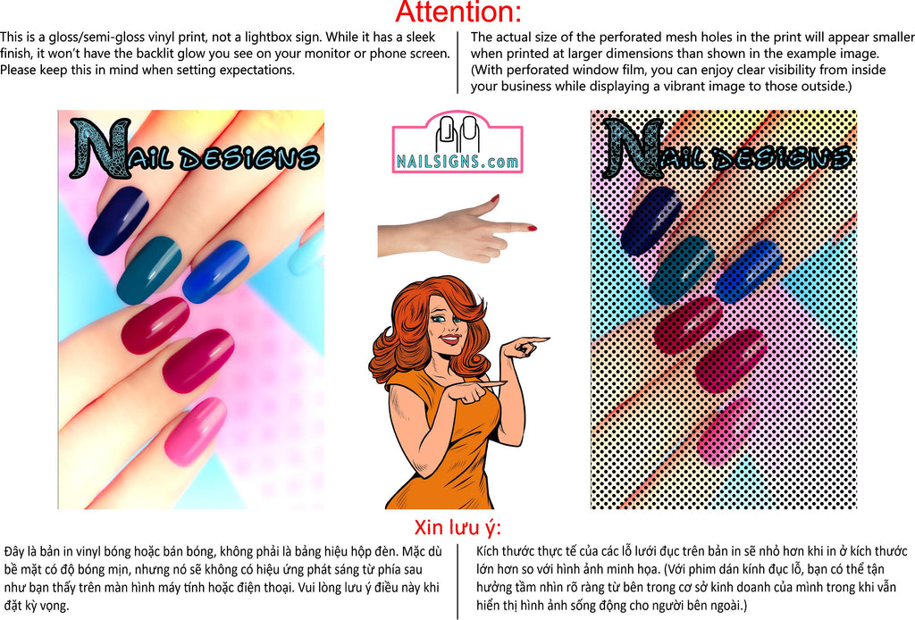 Nail Designs 01 Perforated Mesh One Way Vision See-Through Window Vinyl Salon Sign Vertical