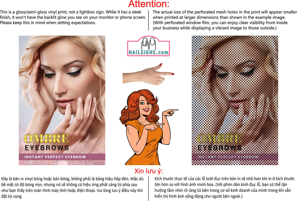 Ombre Eyebrows 02 Perforated Mesh One Way Vision See-Through Window Vinyl Salon Sign Powdered Brows Semi-permanent Vertical