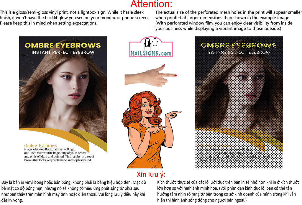 Ombre Eyebrows 05 Perforated Mesh One Way Vision See-Through Window Vinyl Salon Sign Powdered Brows Semi-permanent Vertical