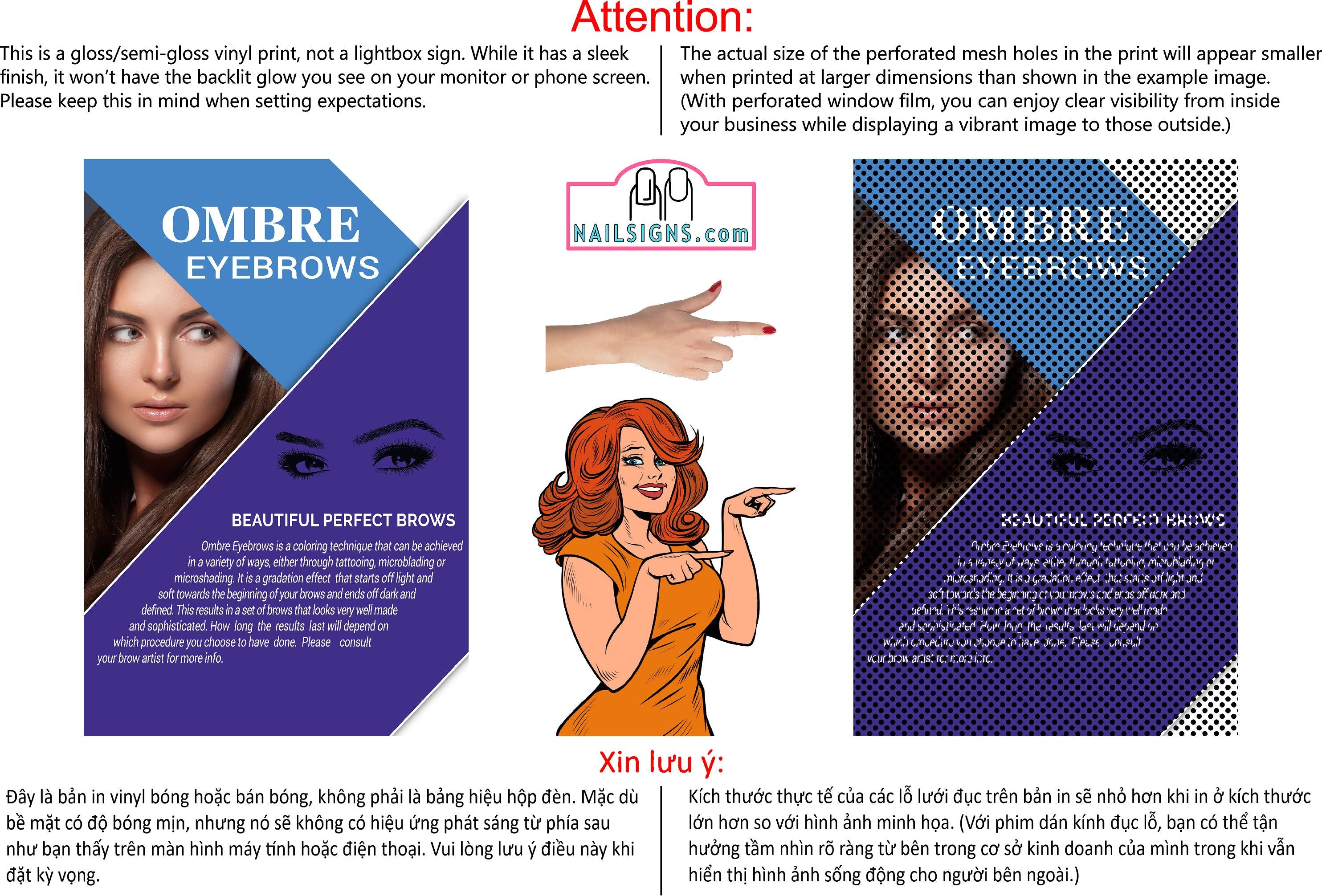 Ombre Eyebrows 06 Perforated Mesh One Way Vision See-Through Window Vinyl Salon Sign Powdered Brows Semi-permanent Vertical