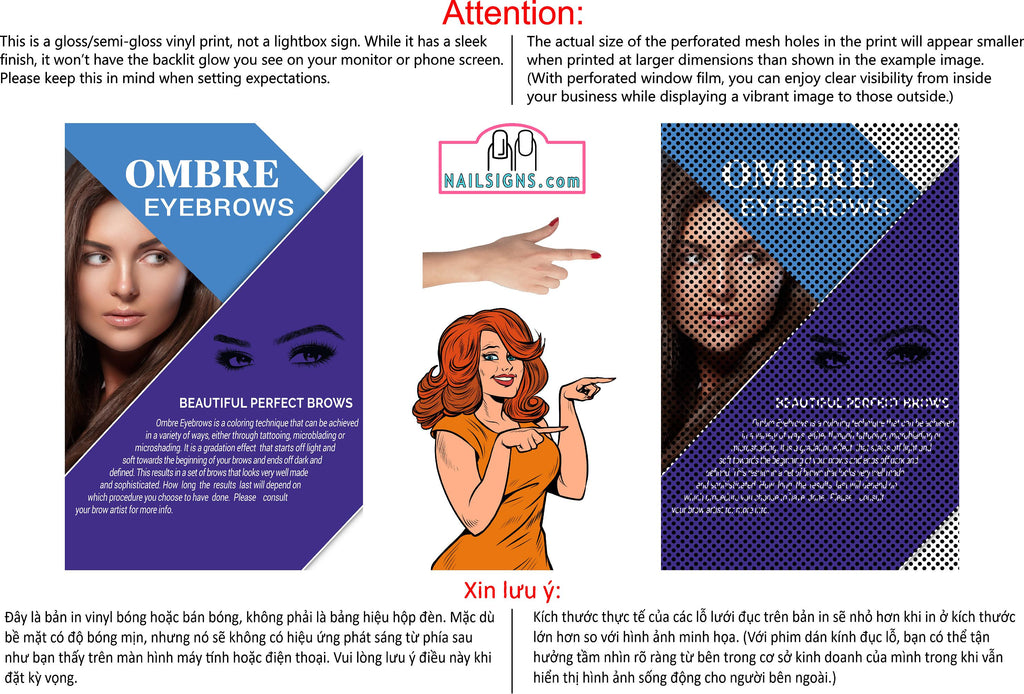 Ombre Eyebrows 06 Perforated Mesh One Way Vision See-Through Window Vinyl Salon Sign Powdered Brows Semi-permanent Vertical