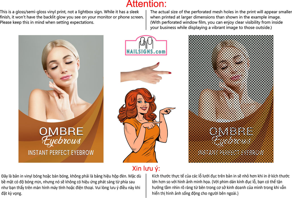 Ombre Eyebrows 01 Perforated Mesh One Way Vision See-Through Window Vinyl Salon Sign Powdered Brows semi-permanent Vertical