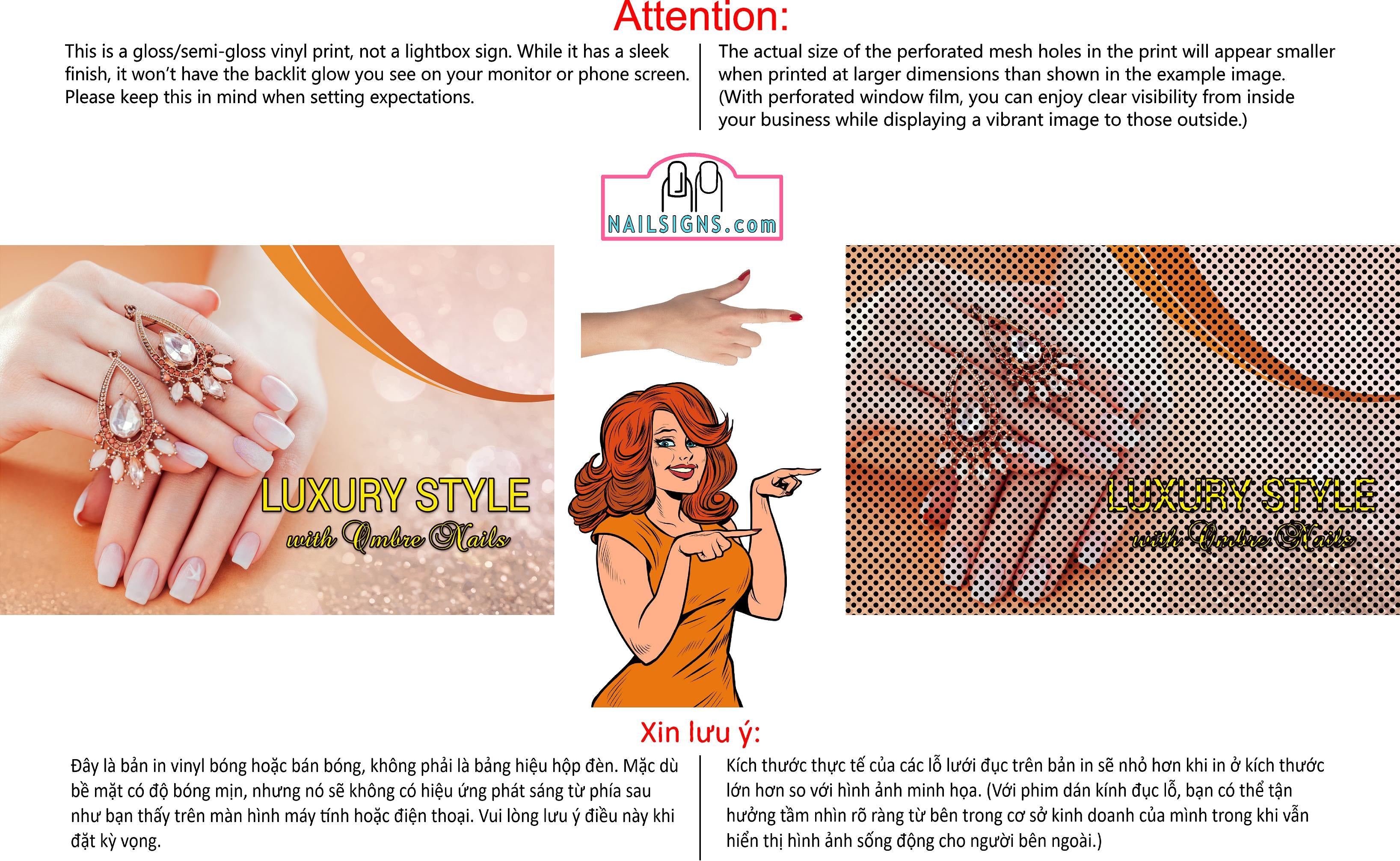 Ombre Nails 10 Perforated Mesh One Way Vision See-Through Window Vinyl Salon Sign Revel Manicure Color Tones Acrylic French Horizontal