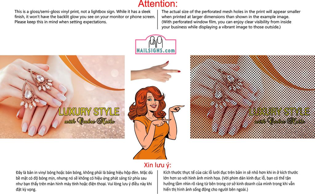 Ombre Nails 10 Perforated Mesh One Way Vision See-Through Window Vinyl Salon Sign Revel Manicure Color Tones Acrylic French Horizontal