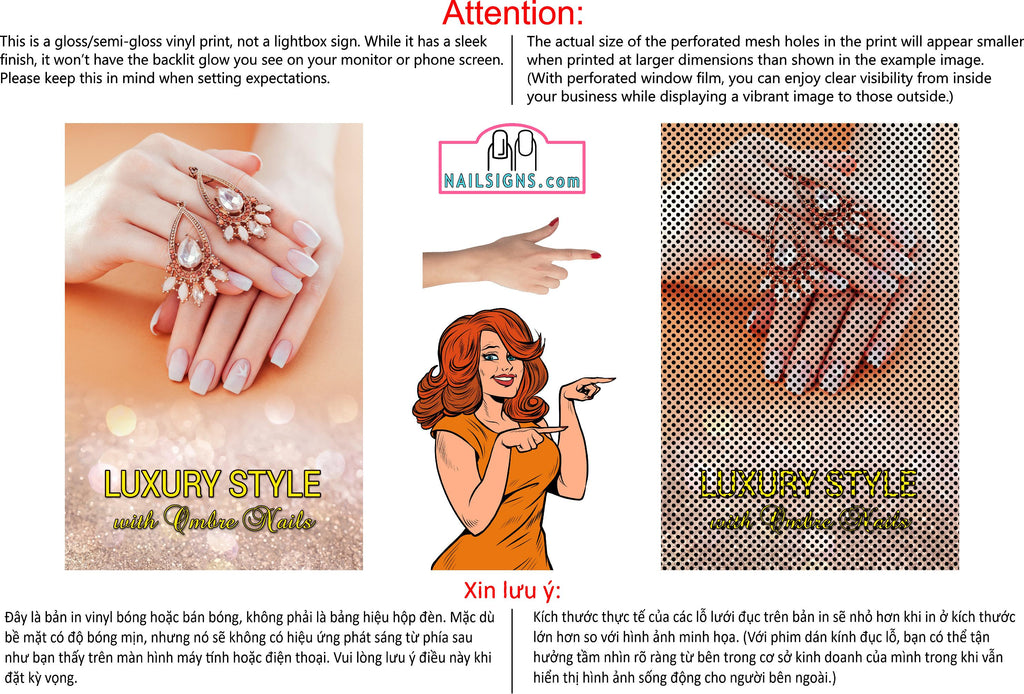 Ombre Nails 02 Perforated Mesh One Way Vision See-Through Window Vinyl Salon Sign Manicure Color Tones Acrylic French Vertical