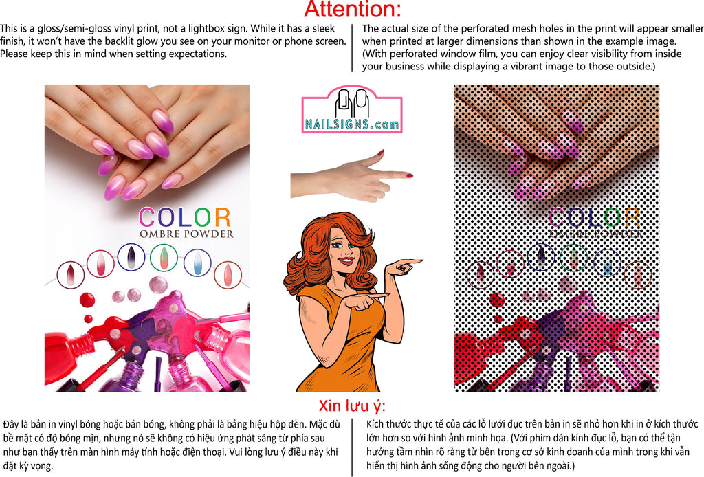 Ombre Nails 03 Perforated Mesh One Way Vision See-Through Window Vinyl Salon Sign Manicure Color Tones Acrylic French Vertical