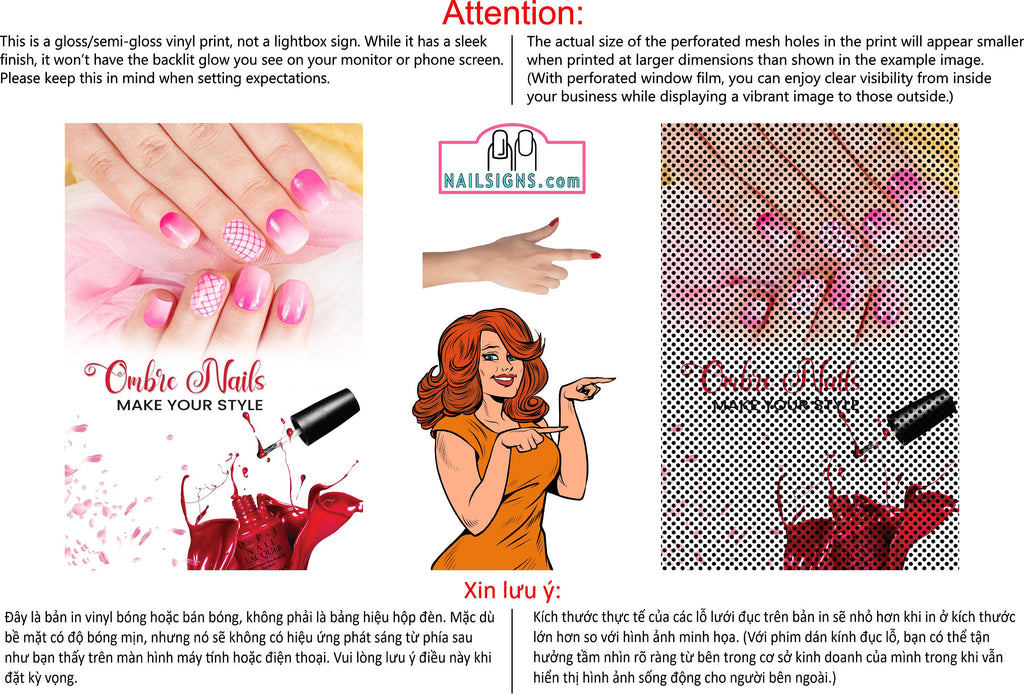 Ombre Nails 04 Perforated Mesh One Way Vision See-Through Window Vinyl Salon Sign Manicure Color Tones Acrylic French Vertical