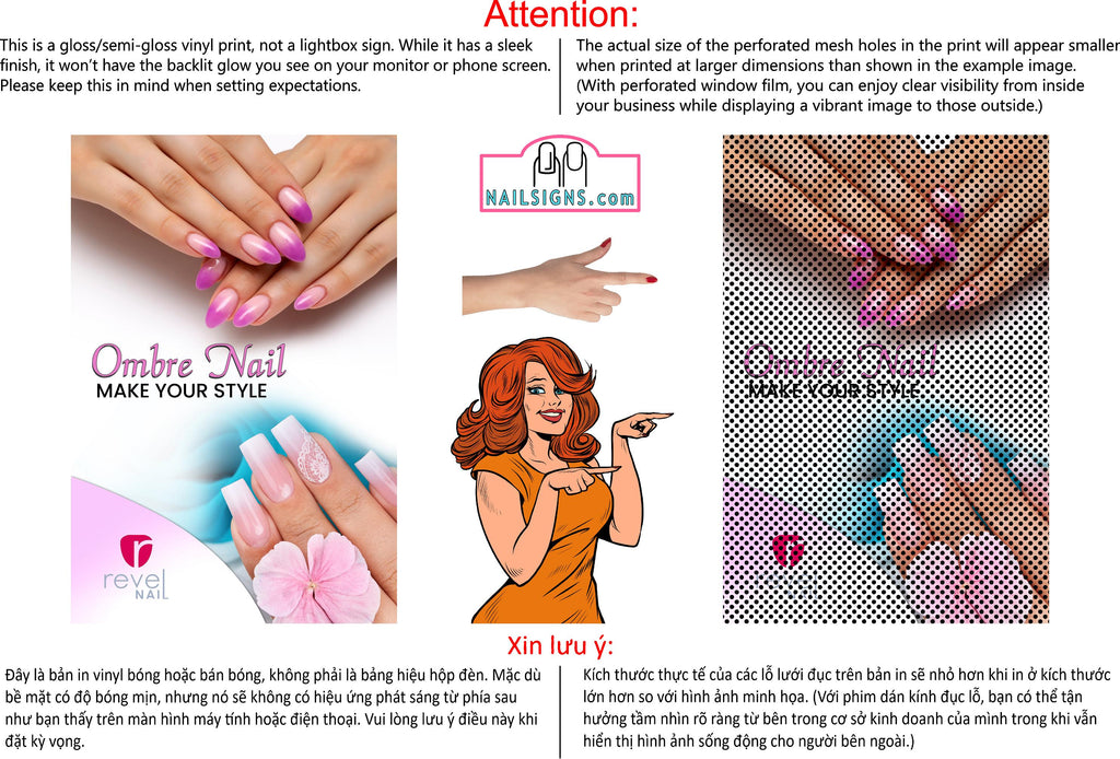 Ombre Nails 06 Perforated Mesh One Way Vision See-Through Window Vinyl Salon Sign Revel Manicure Color Tones Acrylic French Vertical