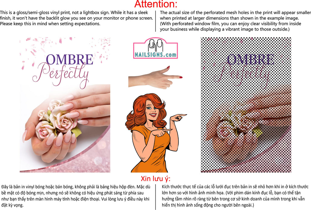 Ombre Nails 07 Perforated Mesh One Way Vision See-Through Window Vinyl Salon Sign Revel Manicure Color Tones Acrylic French Vertical