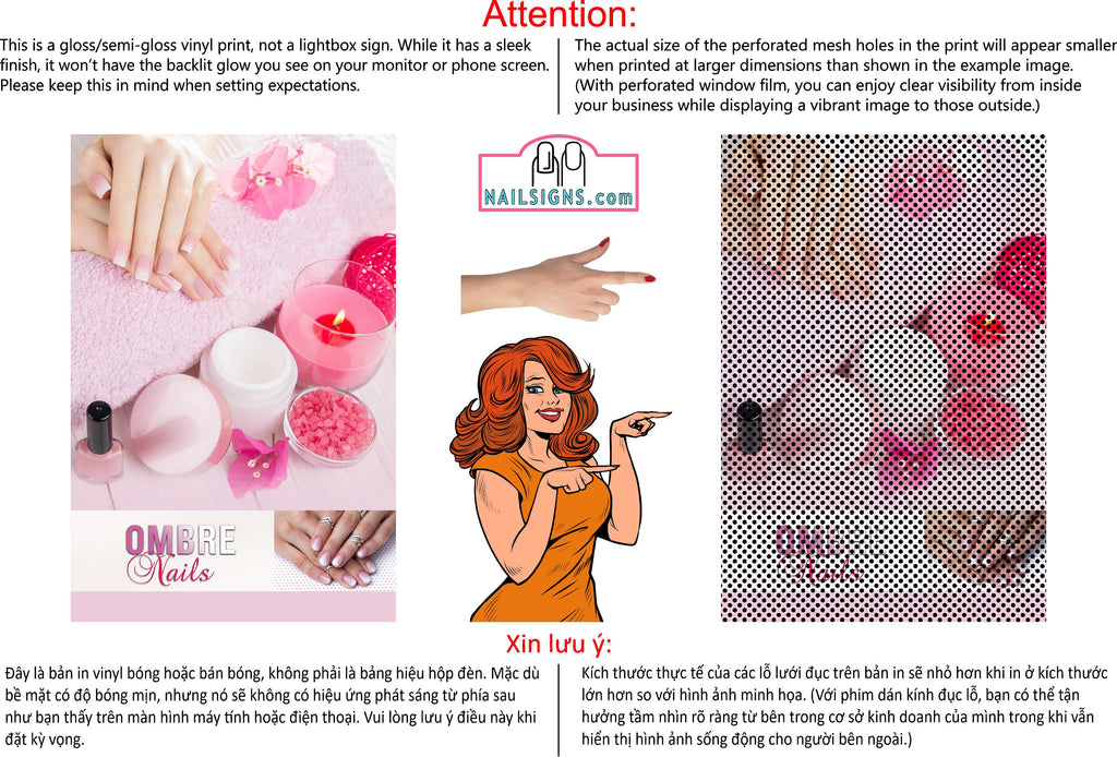 Ombre Nails 08 Perforated Mesh One Way Vision See-Through Window Vinyl Salon Sign Revel Manicure Color Tones Acrylic French Vertical