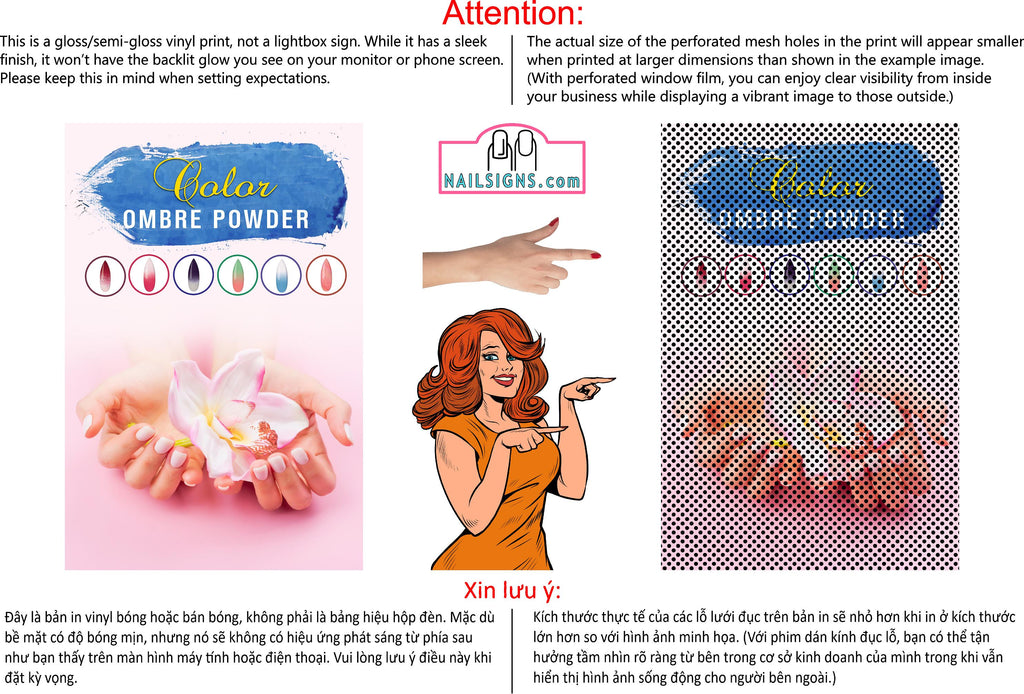 Ombre Nails 01 Perforated Mesh One Way Vision See-Through Window Vinyl Salon Sign Manicure Color Tones Acrylic French Vertical