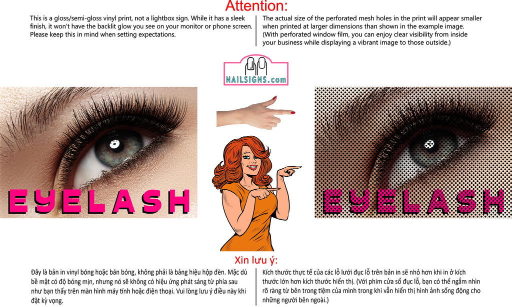 Eyelash 08 Perforated Mesh One Way Vision See-Through Window Vinyl Salon Sign Eyebrows Extension Horizontal