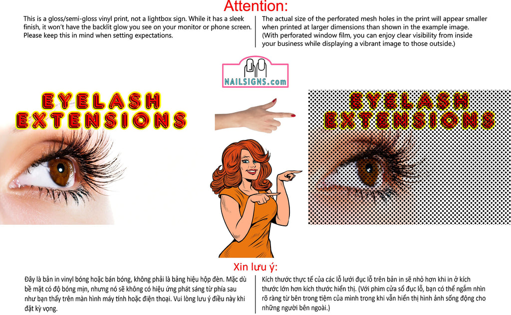 Eyelash 07 Perforated Mesh One Way Vision See-Through Window Vinyl Salon Sign Extensions Horizontal