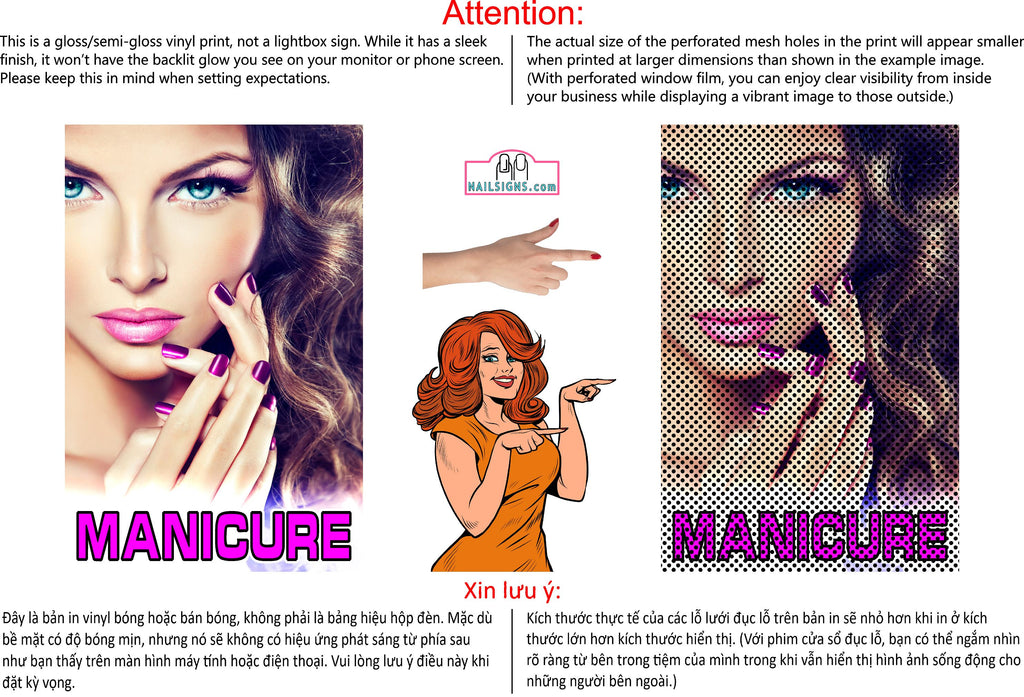 Manicure 03 Perforated Mesh One Way Vision See-Through Window Vinyl Salon Sign Vertical