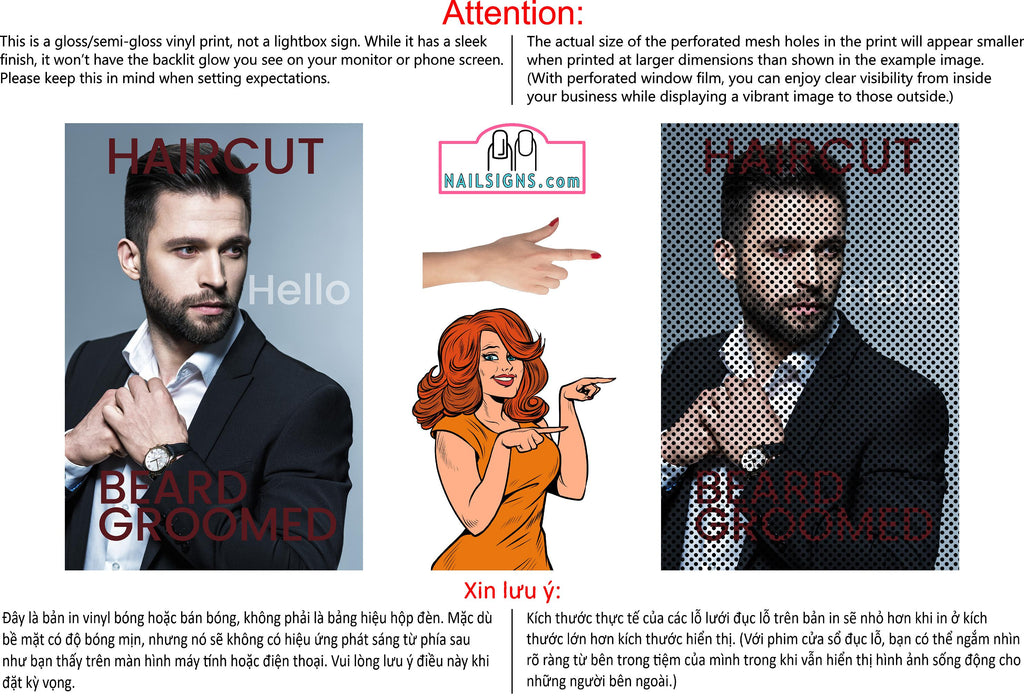 Salon 11 Perforated Mesh One Way Vision See-Through Window Vinyl Haircut Men Salon Sign Vertical