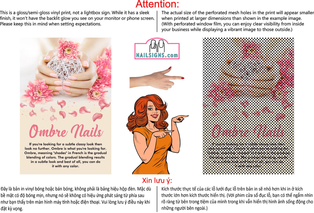 Salon 05 Perforated Mesh One Way Vision See-Through Window Vinyl Ombre Nail Sign Vertical