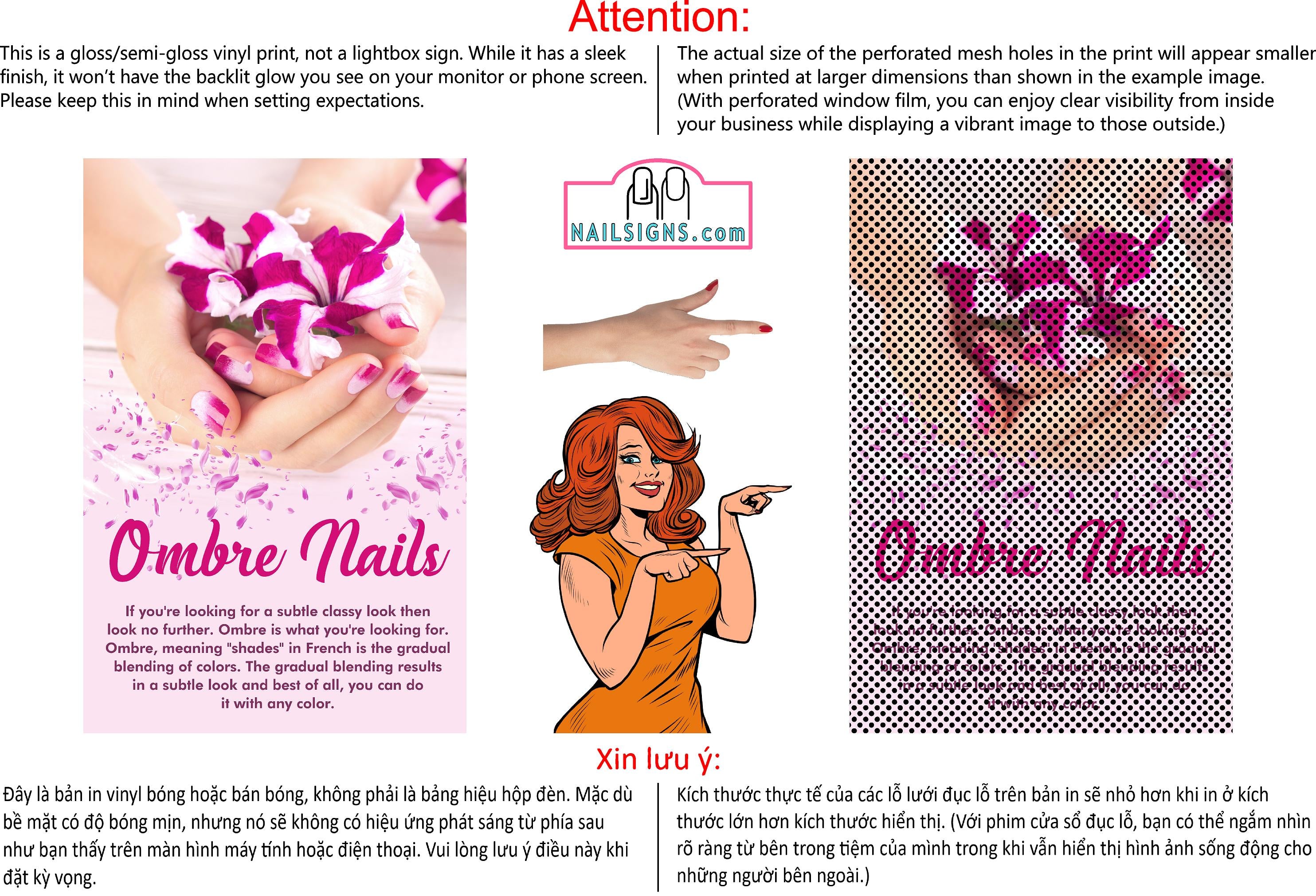 Salon 06 Perforated Mesh One Way Vision See-Through Window Vinyl Ombre Nail Sign Vertical