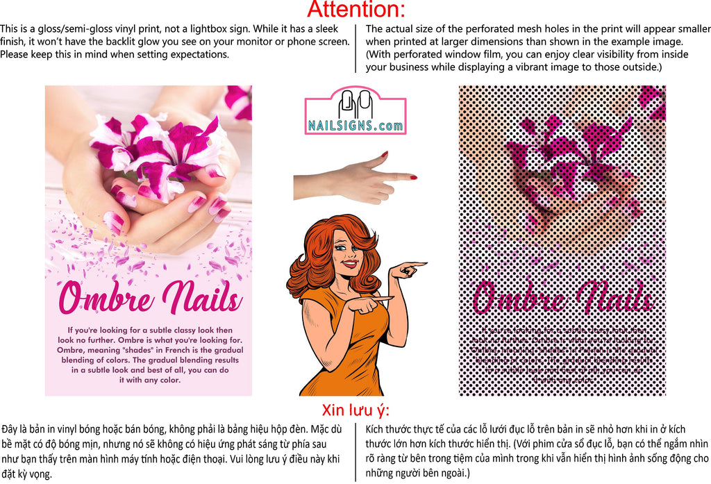 Salon 06 Perforated Mesh One Way Vision See-Through Window Vinyl Ombre Nail Sign Vertical