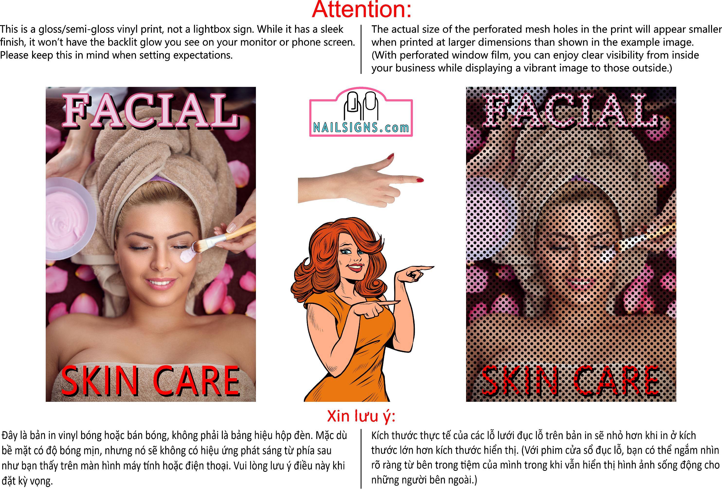 Skin Care 07 Perforated Mesh One Way Vision See-Through Window Vinyl Nail Salon Sign Vertical