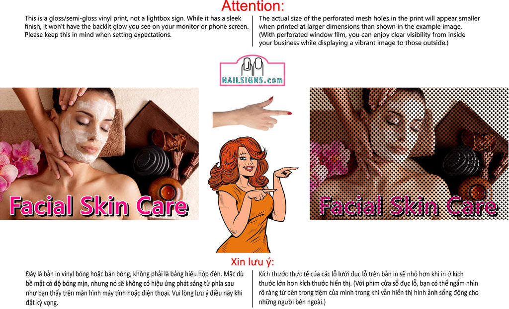Skin Care 08 Perforated Mesh One Way Vision See-Through Window Vinyl Nail Salon Sign Horizontal