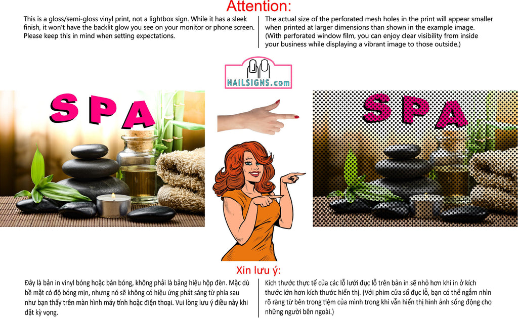 Spa 14 Perforated Mesh One Way Vision See-Through Window Vinyl Salon Sign Horizontal