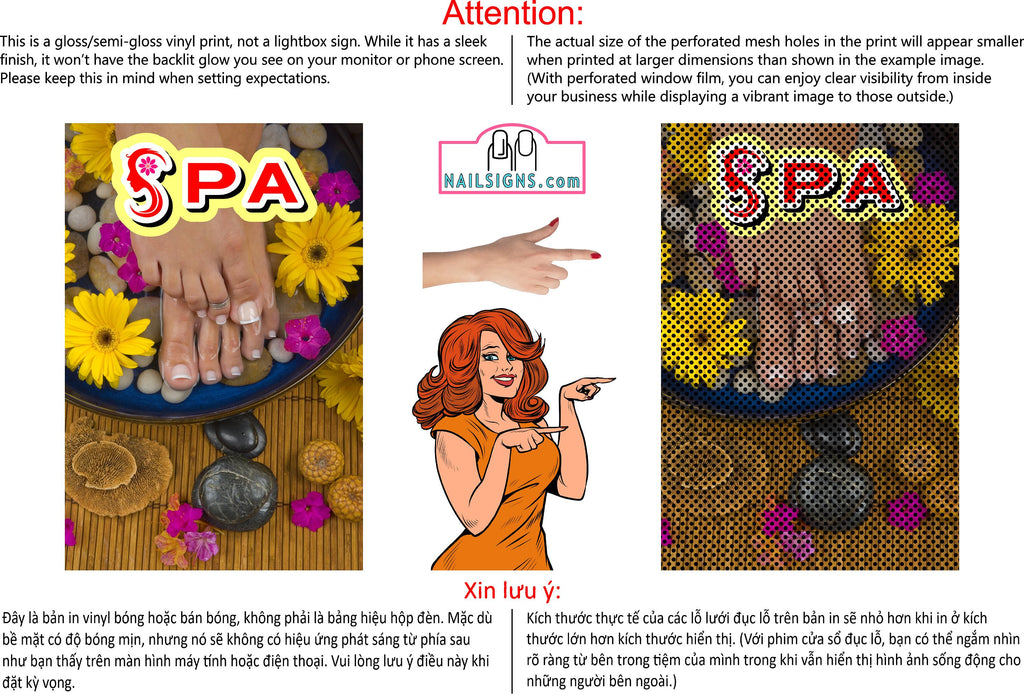 Spa 15 Perforated Mesh One Way Vision Window Vinyl Nail Salon See-Through Sign Vertical