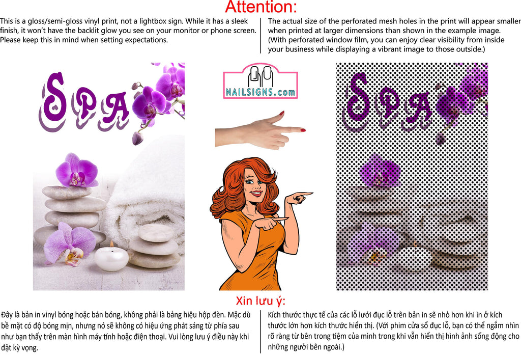 Spa 02 Perforated Mesh One Way Vision See-Through Window Vinyl Nail Salon Sign Vertical