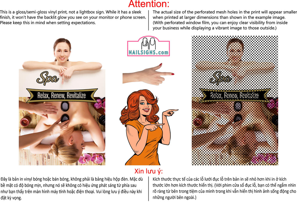 Spa 36 Perforated Mesh One Way Vision See-Through Window Vinyl Salon Sign Vertical
